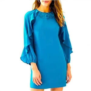 Lilly Pulitzer Leni Peacock blue embroidery beaded ruffle shift dress 8